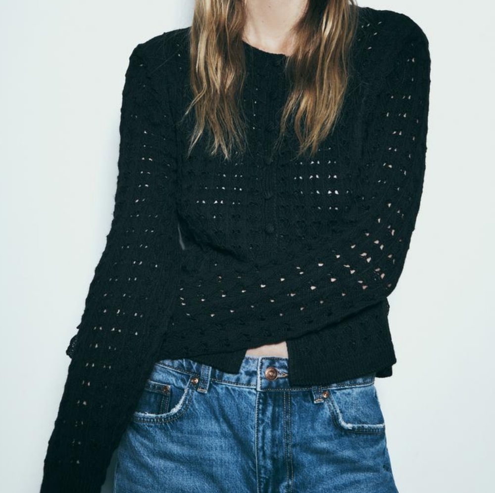 Zara Half Button Front Open Knit Lace Trim Cardigan Round Neck Split Black XL